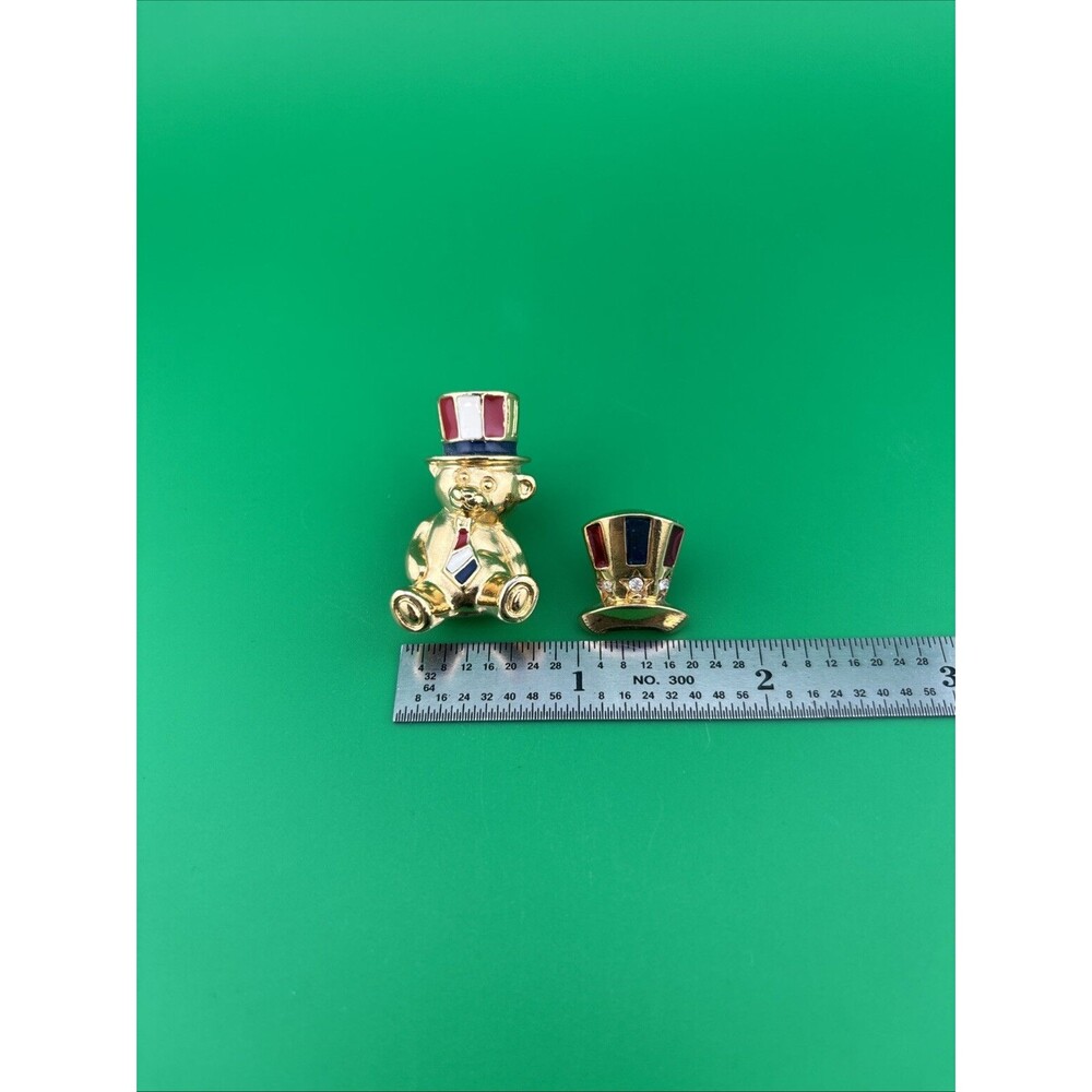 Gold Toned Patriotic Teddy Bear Avon and Top Hat 4th of July Red White Blue